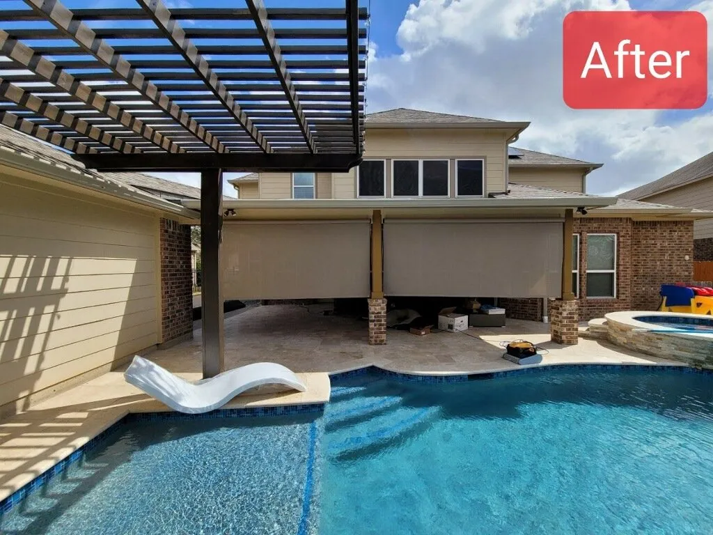 Covered patio overlooking backyard pool