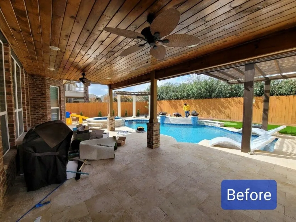Covered patio and pool area before renovation